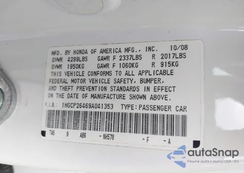 2009 Honda Accord 2.4 Lx-P z USA, uszkodzony, nr VIN 1HGCP26469A041353